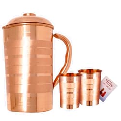 CopperKing Pure Real Copper Metal Carafe Pitcher for Drinking Water With big handle and lid, large size Jug 50oz - 1500ml With 2 Cups Tumbler Glasses Set, Best Ayurvedic Benefit Vessel (Classic)