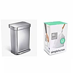 simplehuman 55 Liter Rectangular Hands-Free Kitchen Step Trash Can with Soft-Close Lid, Brushed Stainless Steel & Code U Custom Fit Drawstring Trash Bags, 60 Liners, White Trash Can + Trash Bags 55 Liter Brushed Stainless Steel