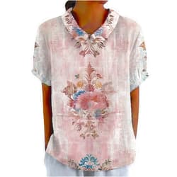 DMOYALA Womens Summer Tops Casual Flower Print Boho Floral Shirts Short Sleeve Crewneck Summer Loose Fit Lightweight Blouses
