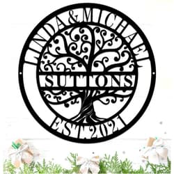 ONGNOU Personalized Last Name Metal Signs Personalized Tree of Life Sign Metal Wall Art Split Personalized Established Sign Initial Split Monogram Custom Name Sign Family Name Sign Outdoor Metal Sign