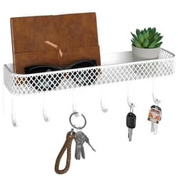 Lwenki Key Holder for Wall – Decorative Stainless Steel Key Hanger with 6 Hooks for Hats, Bags, Leashes – Mail Holder Key Rack with Mounting Hardware and Guide (9.65” x 2.8” x 2.2”) (White)