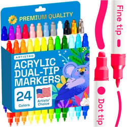 ARTISTRO 24 Dual Tip Acrylic Paint Markers, Acrylic Paint Pens, Fabric Markers for Textile, Rock, Glass, Wood, Paper, Ceramic, Canvas DIY Art Supplies Kit for Kids and Adults (Dual Tip Dot + Fine, 24)