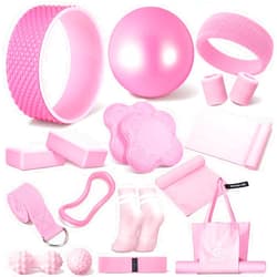 Gemscream 17 Pcs Yoga Essential Kit for Women, Pilates Equipment Starter Set for Beginners with Yoga Wheel Ball Blocks Strap Resistance Bands Wrist Rings Socks Towel & Carry Bag for Home Workouts
