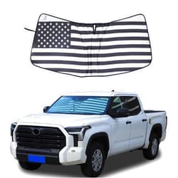 TongSheng The Original Windshield Sun Shade for Toyota Tundra Sequoia 2022 2023 2024+ Car Windshield Reflective Sunshade Protector Sun Shade Accessories (Silver Black US Flage)