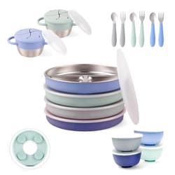 Elk and Friends Kids Stainless Steel Mealtime Bundle | Plates, Bowls, Snack Cups + Toddler Utensils | Silicone Suction Sleeves + Travel Storage Lids | Meals + Snacks | Dishwasher Safe