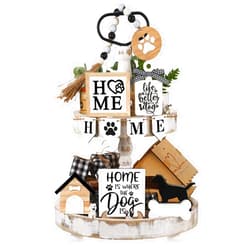 Patelai Two Tiered Tray with 11 Pcs Wooden Signs, Farmhouse Tiered Tray Decor Set Rustic Wood Home Kitchen Table Stand Decor Decorative Table Shelf Centerpiece(Dog Style)
