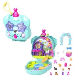 Polly Pocket Compact Playset, Doggy Birthday Bash with 2 Micro Dolls & Accessories, Travel Toy with Surprise Reveals