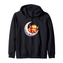 Cute Baby Highland Cow Sleeping on the Moon Heifer Farm Zip Hoodie