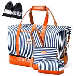 Lekebobor Overnight Bag for Women Weekender Bag with Crossbody Bag Shoes Bags Shoes Compartment Toiletry Bag,Travel Duffle Hospital Bag Large Holdall Travel Weekend Bag,50L Blue Striped 50L Blue Stripes with Crossbody Bag