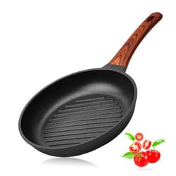 Vinchef 10 Inch Aluminum Nonstick Grill Pan for Stove Tops|Round Grill Pan With Wooden Stay Cool Handle|Induction Compatible