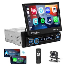 UNITOPSCI Single Din 7 Inch Motorized Flip Out Touchscreen Car Stereo with Wireless Apple CarPlay Android Auto Bluetooth Mirror Link FM Radio USB/AUX in/TF Card Input + Backup Camera Remote Control