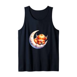 Cute Baby Highland Cow Sleeping on the Moon Heifer Farm Tank Top
