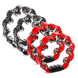 Okllen 4 Pack Double Row Hand Held Percussion Tambourine, Metal Jingles Handled Tambourine Bells Music Instrument for Adult, Tambourine Lover, Christmas Gift, Red&Black