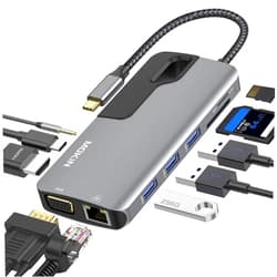 MOKiN USB C Hub Adapter for MacBook Pro, Thunderbolt 3 Adapter,10-in-1 USB C Dongle with Gigabit Ethernet, USB C to HDMI VGA Adapter,100W Power Delivery,3 USB 3.0, SD TF Card Reader-Through Port Adapters.