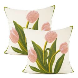 YOUR SMILE Pack of 2 Embroidered Decorative Throw Pillow Cover 18x18 Inch Farmhouse Floral Floor Pillowcase for Couch Living Room Sofa Bed,Pink Tulip