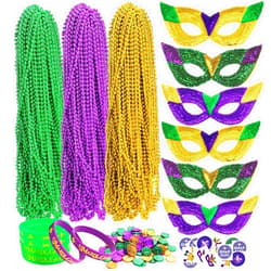 Elefama 192 PCS Mardi Gras Party Favors Set for Women Men Mardi Gras Accessories Bulk with Mardia Gras Beads Necklaces Masks Coins Tattoos Bands Mardi Gras Decorations for Party Supplies