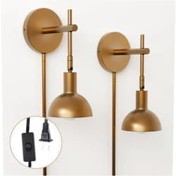 Nathan James Tamlin Vintage Brass Wall Light Fixture, Wall Mounted 1-Light Lamp, Plugin Sconce with On/Off Switch for Living Room, Reading Nook or Bedroom, Brass, Set of 2