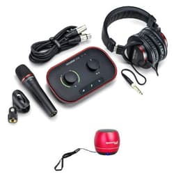 Audiosavings Bundle: (1) Focusrite Vocaster One Studio USB-C Podcasting Audio Interface+Mic+Headphones Bundle with (1) Rockville RPB2-RED Handheld Portable Bluetooth Speaker+Wireless Link (2 Items)