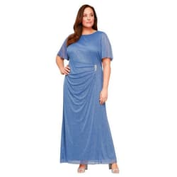 S.L. Fashions Womens Long Glitter Mesh Stretch Mother of The Bride Dress with Ruched Waist (Plus Size)