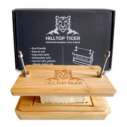 Hilltop Tiger Bamboo Tofu Press – Food-Grade Tofu Presser with Stainless Steel Screws and Dip Tray - Sturdy, Easy To Use Tofu Maker - Dishwasher Safe - Plastic-Free Tofu Making Kit for Extra Firm Tofu