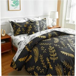 URLINENS Reversible Queen Comforter Set, Bed in a Bag Queen 8 Pieces Black and White Floral Bed Set, Soft Microfiber Botanical Bedding Set with Comforter Queen Size, Sheets, Pillowcases & Shams