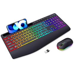 VEILZOR Wireless Keyboard and Mouse RGB Backlit- 2.4G Rechargeable Keyboard Full-Size with Phone/Tablet Holder, Silent Ergonomic Wireless Keyboard Mouse Combo for Computer, PC, Laptop