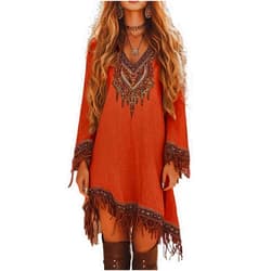 CHONGCHUYAZHOU Cowgirl Dresses for Women Vintage Tassel V-Neck Long Sleeve Sundress Bohemian Floral Western Country Concert Mini Dress