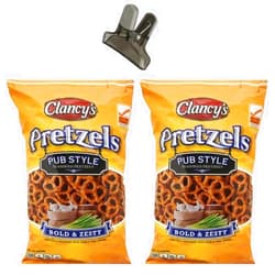 Generic Clancy's Pub Style Bold & Zesty Seasoned Pretzels Bundle, Includes Two (2) 12 oz Pub Style Seasoned Pretzels Bags and One Bag Clip (color may vary)
