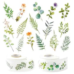 CNhoqc 1000pcs Watercolor Green Plant Sticker Rolls (2 Rolls), 16 Designs Spring Watercolor Natural Plant Decorative Decals for Kids Self-Adhesive Sticker for Waterbottle Scrapbook Gift Wrap Decor
