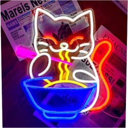 FUFIOR Anime Maneki Neko Ramen Neon Sign, Japanese Lucky Cat Noodle LED Light Sign for Home Living Room Wall Decor, Cartoon Cat Art Decoration, USB Power with Switch