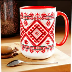 Deeper Conscious Slavic Design Traditional Accent Mug Orthodox Gift Ukrainian Embroidery Decoration - Red 15oz 15oz / Red