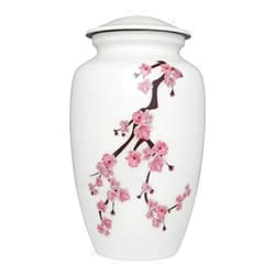 Liliane Memorials Pink Cherry Blossom Flowers Cremation Urn - White Funeral Urn for Human Ashes - Hand Made in Aluminum - Suitable for Cemetery Burial or Niche - Large Size fits Remains of Adults