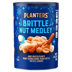 PLANTERS Holiday Brittle Nut Medley Trail Mix Snack with Honey Peanuts, Yogurt Raisins, Peanut Brittle, Pretzels & Cashews, Holiday Snack, Party Nut Mix, 1 lb. Canister