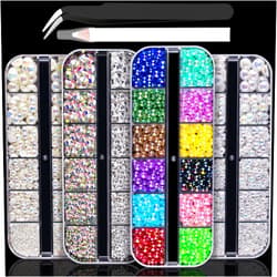 BELLEBOOST 4800 Pcs 4 Boxes Flat Back Rhinestone&Pearls Kits Flatback Round Crystal AB&Clear Gems+ColorfulAB+WhiteAB+BeigeAB Half Round Pearls with Pickup Pencil and Tweezer for Nail Art, Face Makeup and Craft