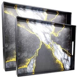 SforGUVA Set of 2 Black Marble Serving Trays with Handles, Plastic Nesting Trays for Coffee Table, Ottoman, Kitchen, Living Room, Outdoor, Patio, Large 15.7”*11.8”*1.6”, Small 13.7”*9.8”*1.4”
