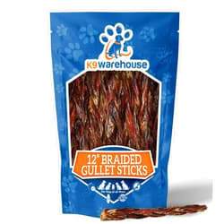 K9warehouse Braided Gullet Sticks for Dogs - 12 Inch - 100% All Natural Dog Braided Bully Sticks - Low Odor - Bully Braided Sticks for Dogs - Dog Chew Treats for Small, Medium and Large Dogs (2 Count)