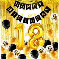 MOVINPE 18th Black Gold Birthday Party Decoration, Happy Birthday Banner, Jumbo Number 18 Foil Balloon, 2 Fringe Curtain, Latex Confetti Balloon, Table Confetti for Boy Girl Men Women Anniversary
