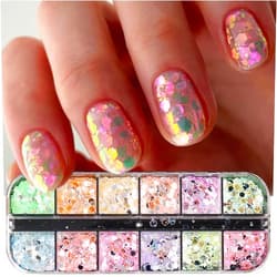 ZRZETREB 12 Grids Holographic Nail Art Glitter Hexagon Mermaid Nail Glitter Sequins Shiny Chunky Nail Sequins Mixed Shape Iridescent Glitter Flakes Nail Supplies for Women Nail Decorations Nail Glitter Powder