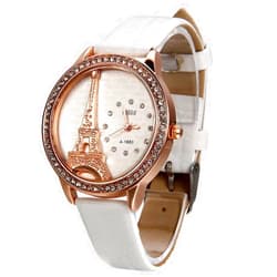JewelryWe Bling Rhinestone Accented Eiffel Tower Pink Leather Watch Ladies Women Watches for Christmas