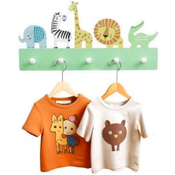 Navaris Kids Coat Hooks Rack - Wooden Hanger Rail with 5 Pegs - Wall Mounted Children's Coat Rack with 5 Hooks - Cute Animals Design