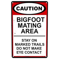 ETTIBETRENDY Bigfoot Mating Area Tin Sign,Stay On Marked Trails Do Not Make Eye Contact Funny Warning Signs for Home Bar Pub Cafe Farm Room Plaque Posters 12 X 8 Inch