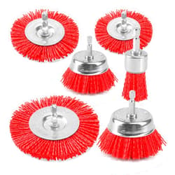 POLIWELL Nylon Abrasive Brush for Drill, 6 Pack Nylon Filament Wire Wheel & Cup Brush Set, 1/4 Inch Hex Shank, 3” and 2.6” Red Coarse Abrasive Bristle Drill Brushes for Paint, Corrosion, Rust Removal