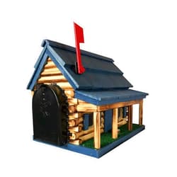 AmishShop.com Log Cabin with Porch Wooden Mailbox Blue Amish Made in USA