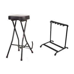 Gator Frameworks Foldable Guitar Stool with Padded Seat and Rear Mounted Guitar & Rok-It Multi Guitar Stand Rack with Folding Design; Holds up to 5 Electric or Acoustic Guitars (RI-GTR-RACK5)