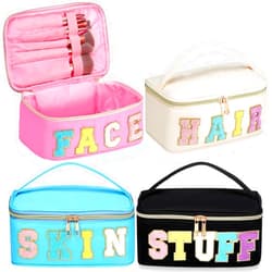 Sanwuta 4 Pcs Chenille Letter Makeup Bag Preppy Patch Cosmetic Bag Nylon Makeup Pouch Portable Travel Large Stuff Bag Toiletry Storage Bag with Zipper and Handle (Pink, Blue, Black, Beige)