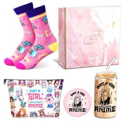 Kacctyen 5 Pcs Christmas Anime Gift for Girls Sets Include Anime Glass Cup Anime Tumbler with Lid Makeup Bag Cosmetic Travel Pouch Cosmetic Bag Anime Pocket Mirror Anime Sock for Xmas Anime Lover Gift