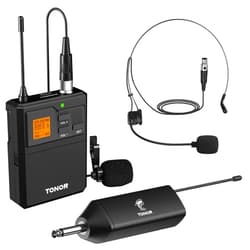 TONOR UHF Wireless Microphone System with Headset Mic/Lavalier Lapel Mic, Bodypack Transmitter, Rechargeable Receiver, 15 Channels 200ft Range 1/4