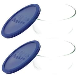 Pyrex Storage 4-Cup Round Dish with Dark Blue Plastic Cover, Clear (Pack of 2 Containers)