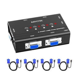 Arvitek KVM Switch VGA, 4 Port KVM Switch for 4 Computers Share One Monitor Keyboard Mouse Printer, 3 USB 2.0 Hub, Included 4 VGA KVM Cables