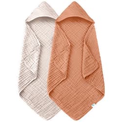 SWEET DOLPHIN Muslin Hooded Baby Bath Towels - 2 Pack 100% Cotton Towel for Babies, Infants, Toddlers - 32x32Inch - Highly Absorbent and Newborn Essential, Light Bean Paste